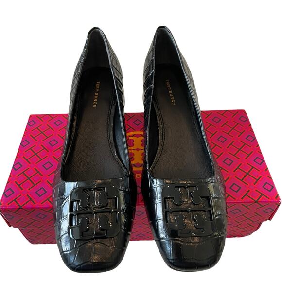 TORY BURCH Women Croc Leather Georgia Pump 25mm Black Size 7.5 New In Box - Picture 7 of 16